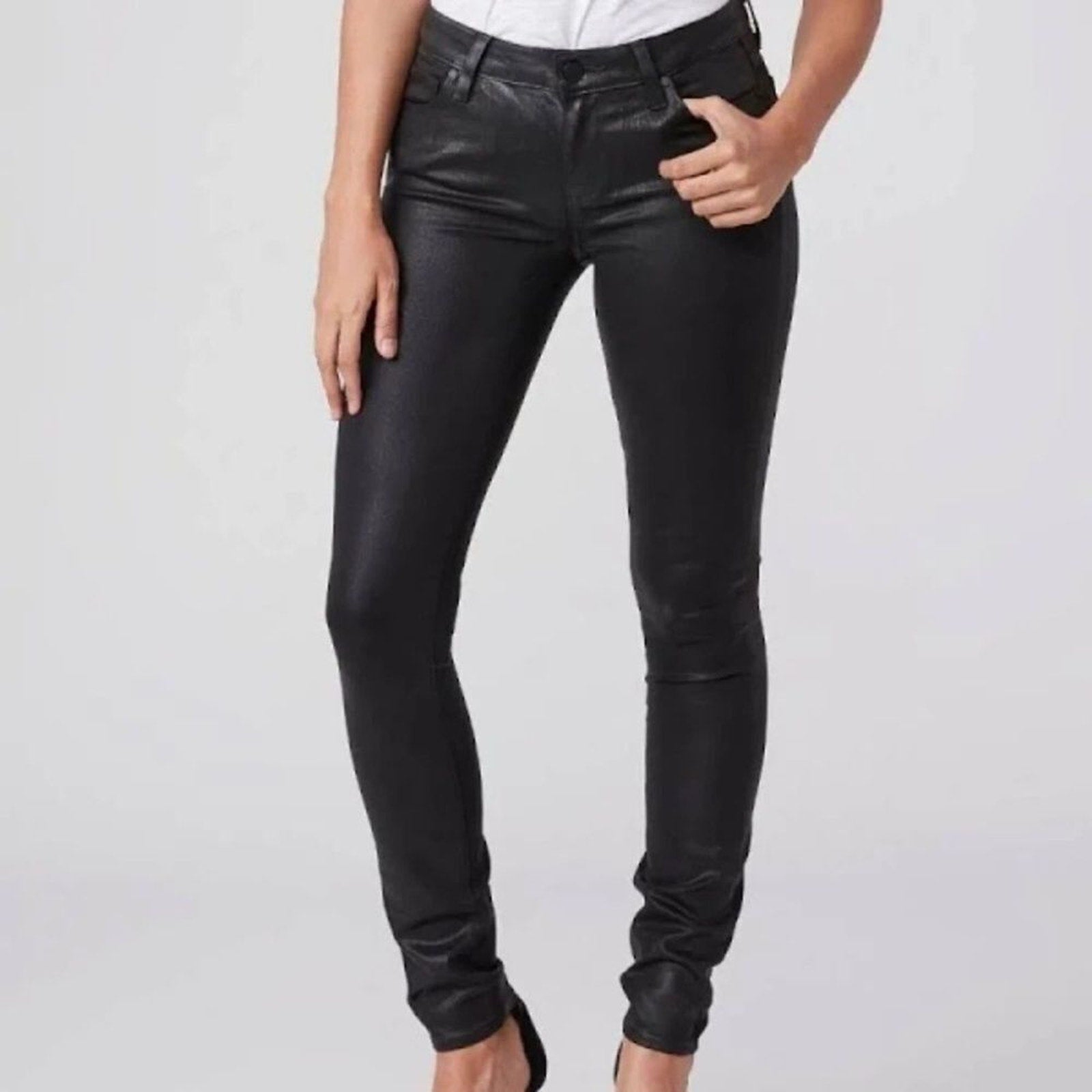 NEW PAIGE Black Wax Coated Verdugo Ultra Skinny Mid Rise Jeans