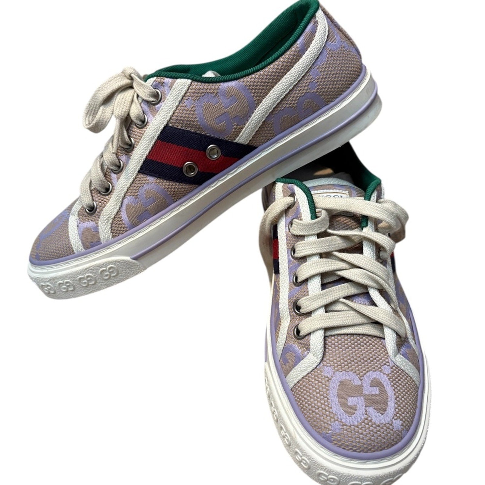 Gucci Z4403 Womens Beige Lilac Canvas Jumbo GG Tennis 1977 Sneakers - 7