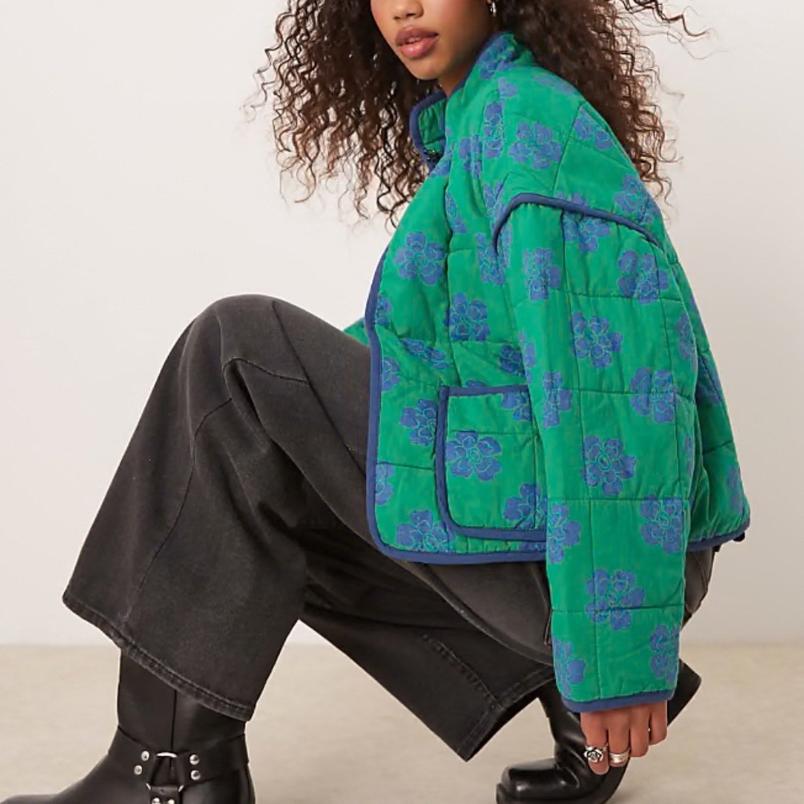 NEW Free People Women's Green Chloe Floral-Print Quilted Cotton Jacket - size XS