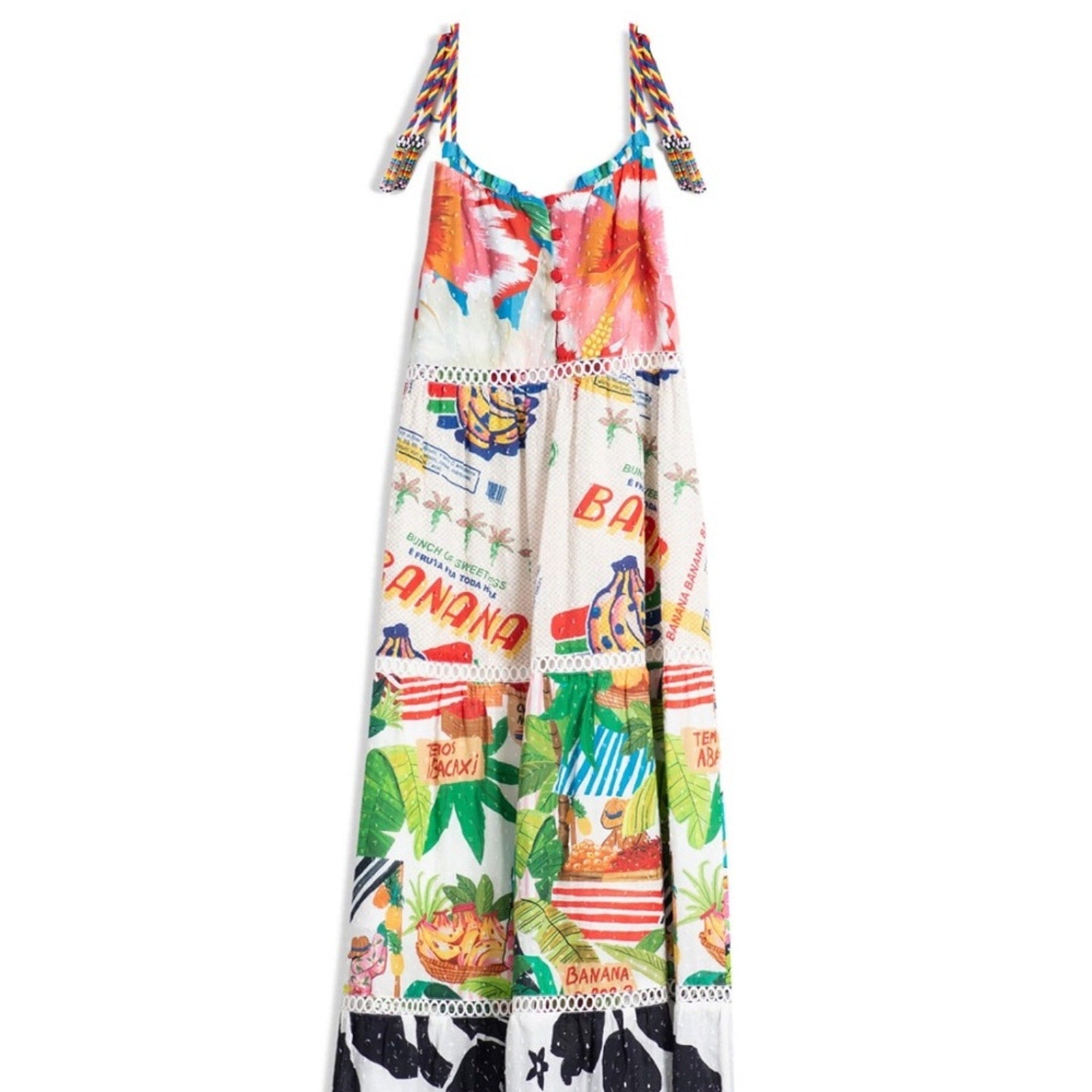 Farm Rio Maxi Dress Tiered Banana Floral Tropical Beaded Rope Straps - size S