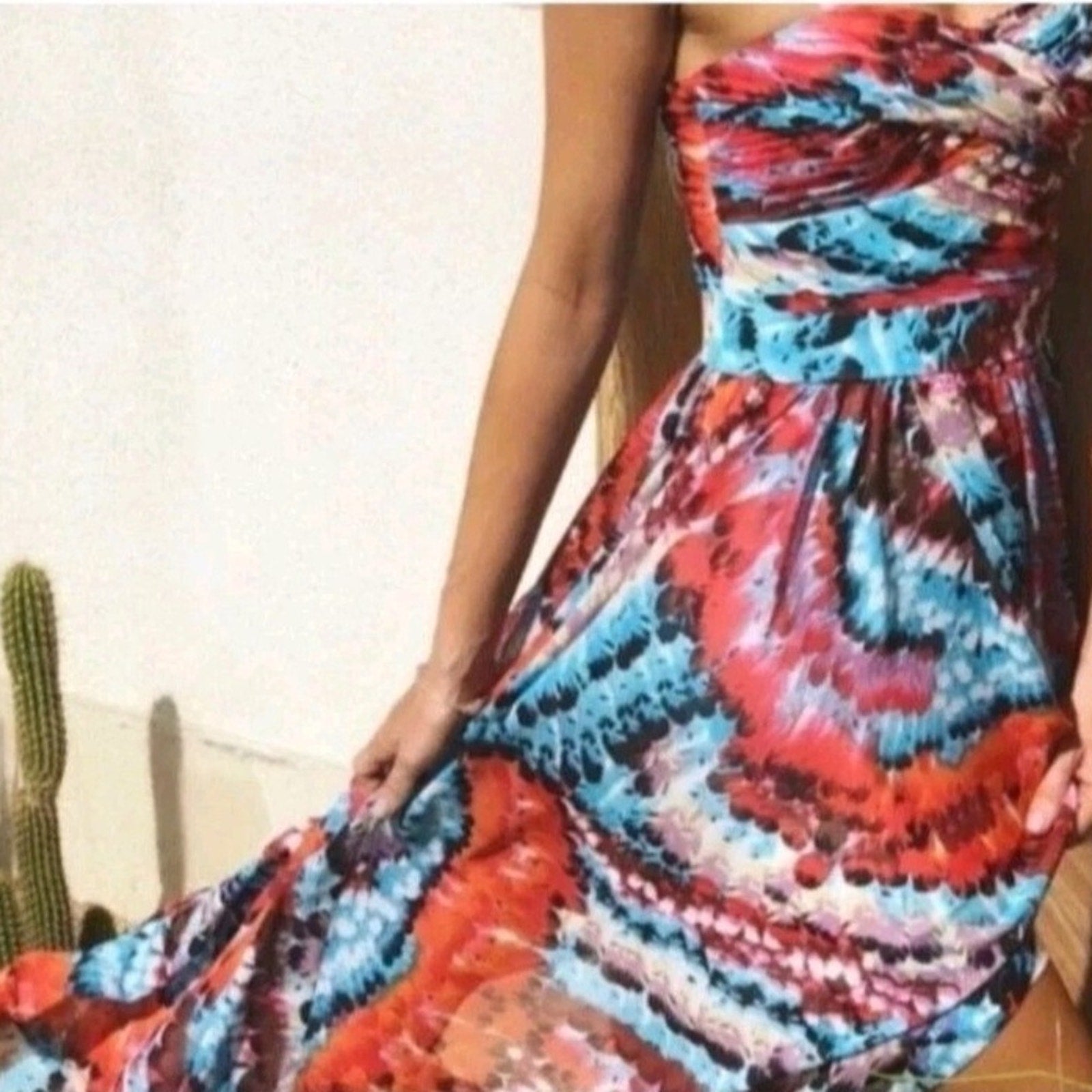 Aidan Mattox Feather Print High Low Strapless Dress Multicolor - size 8
