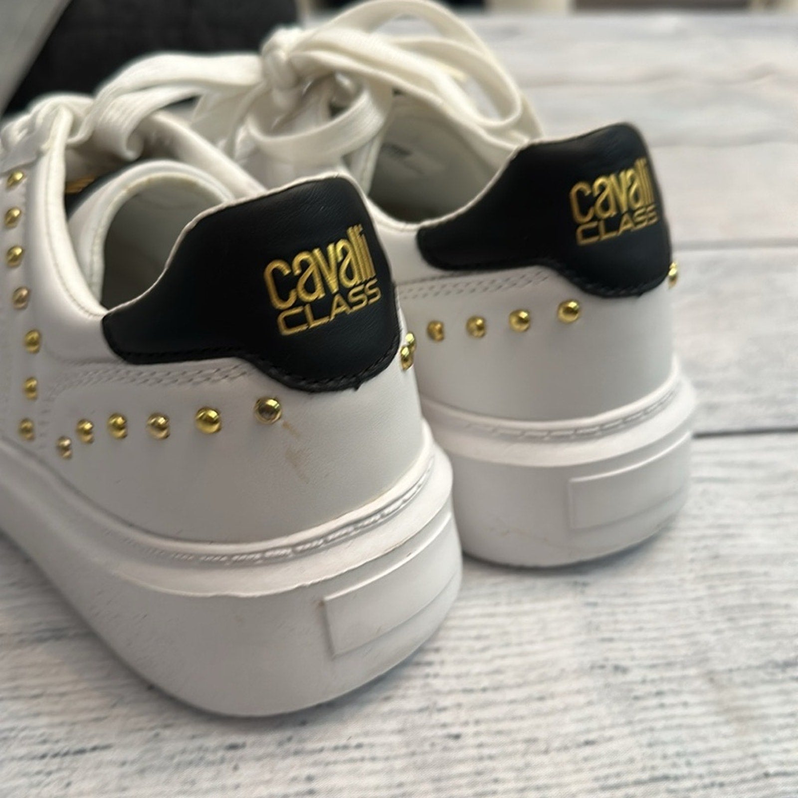 NEW Roberto Cavalli Studded Sneakers White Leather Tennis Athletic Shoes - sz 39