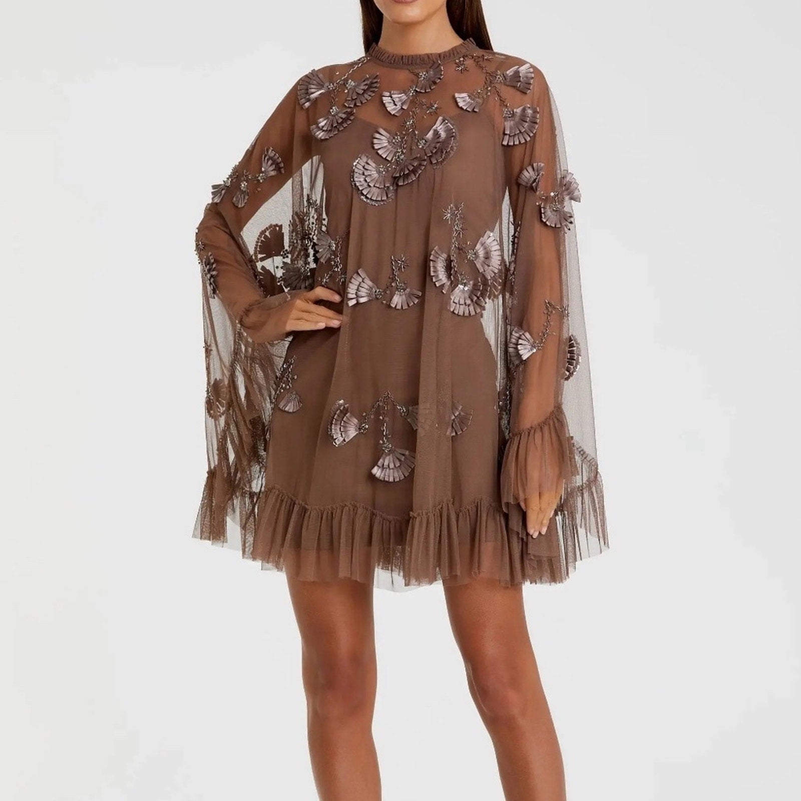 NWT MAC DUGGAL Brown Embellished Long Sleeve Trapeze Dress with Ruffle Hem - 8