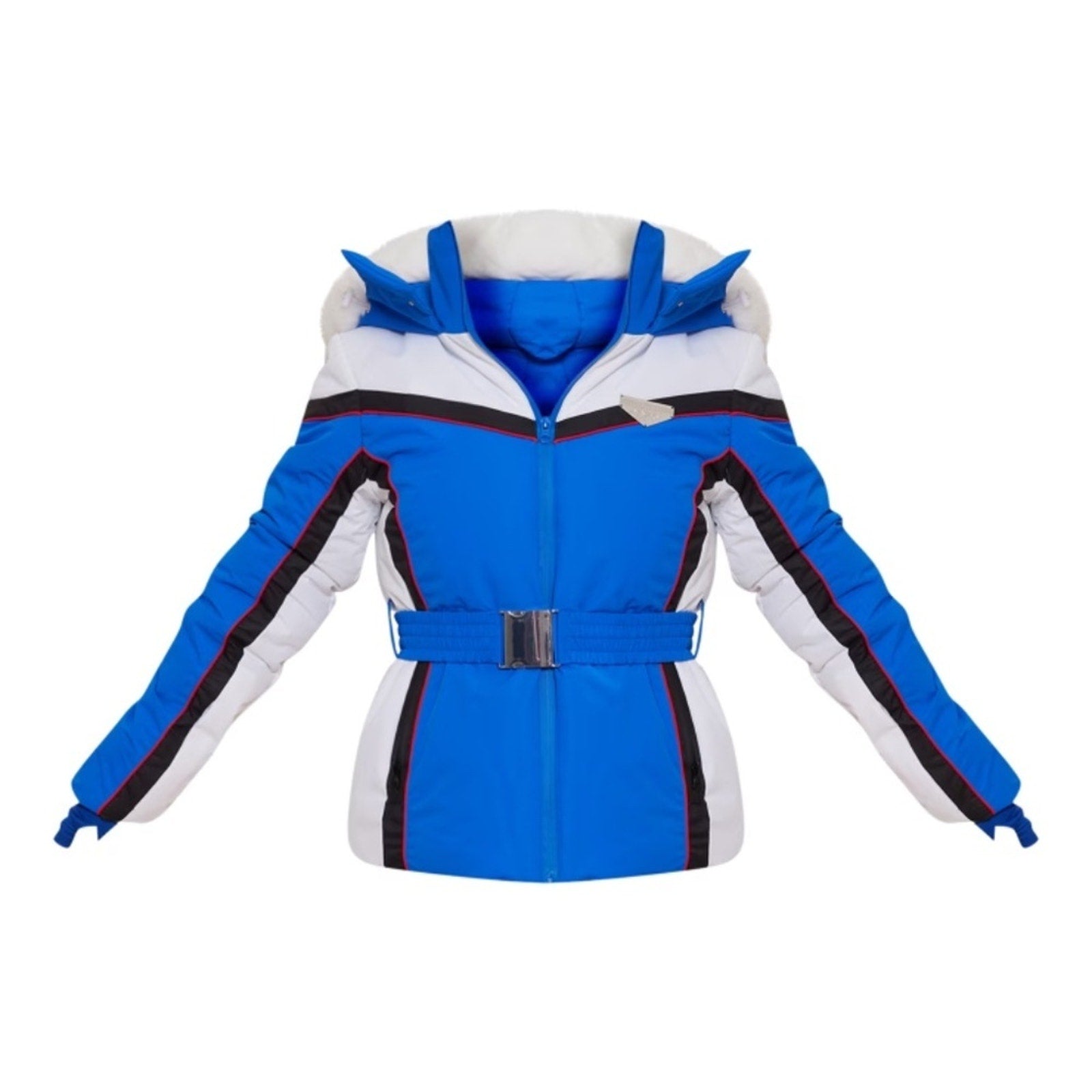 PRETTYLITTLETHING SKI Blue And White Faux Fur Hooded Belted Jacket - size 6