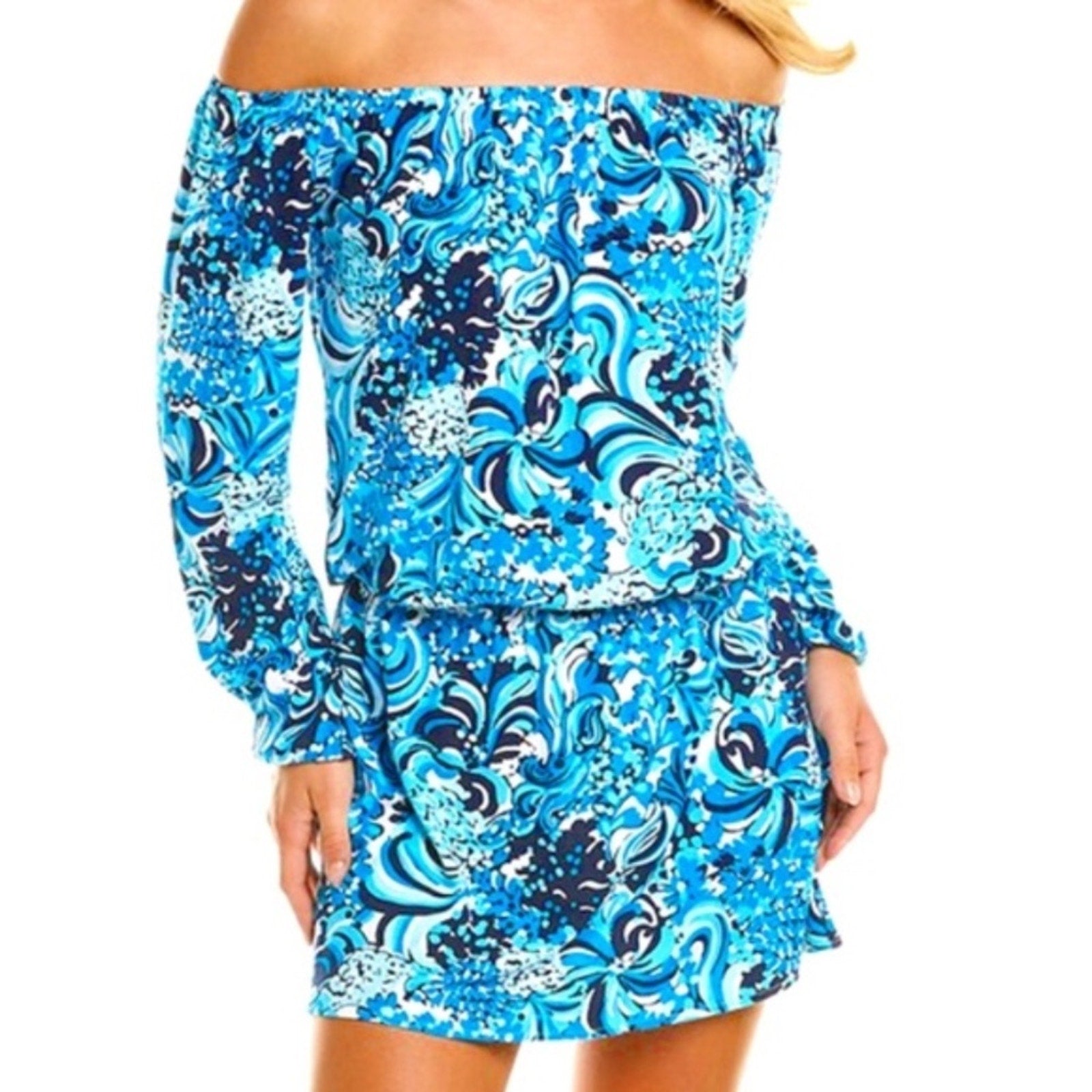 Lilly Pulitzer Lana Skort Romper Dress Mermazing Blue Off the Shoulder - size S