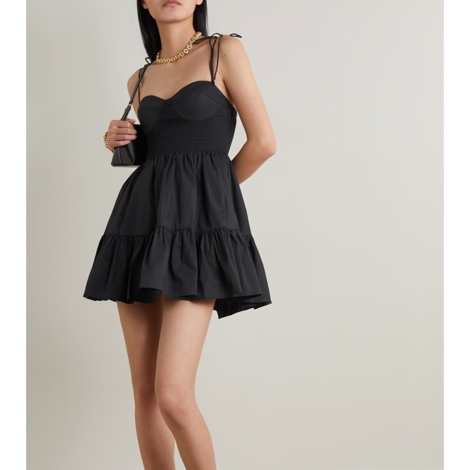 NWT STAUD Landry open-back smocked tiered cotton-blend poplin mini dress - XL