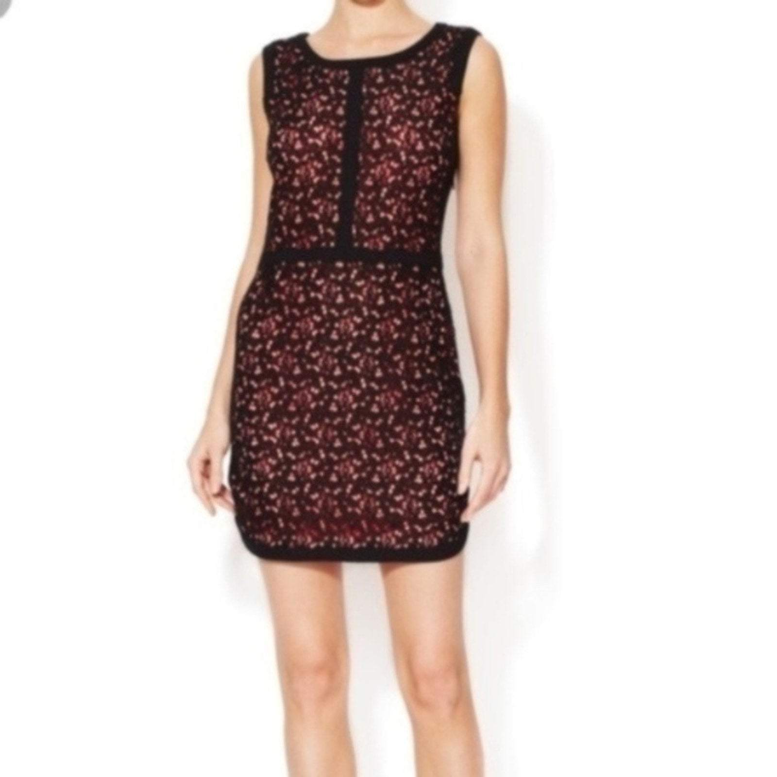 SANDRO Paris Women's Dentelle Lace Encaje Sheath Dress Black Pink Layer - size S