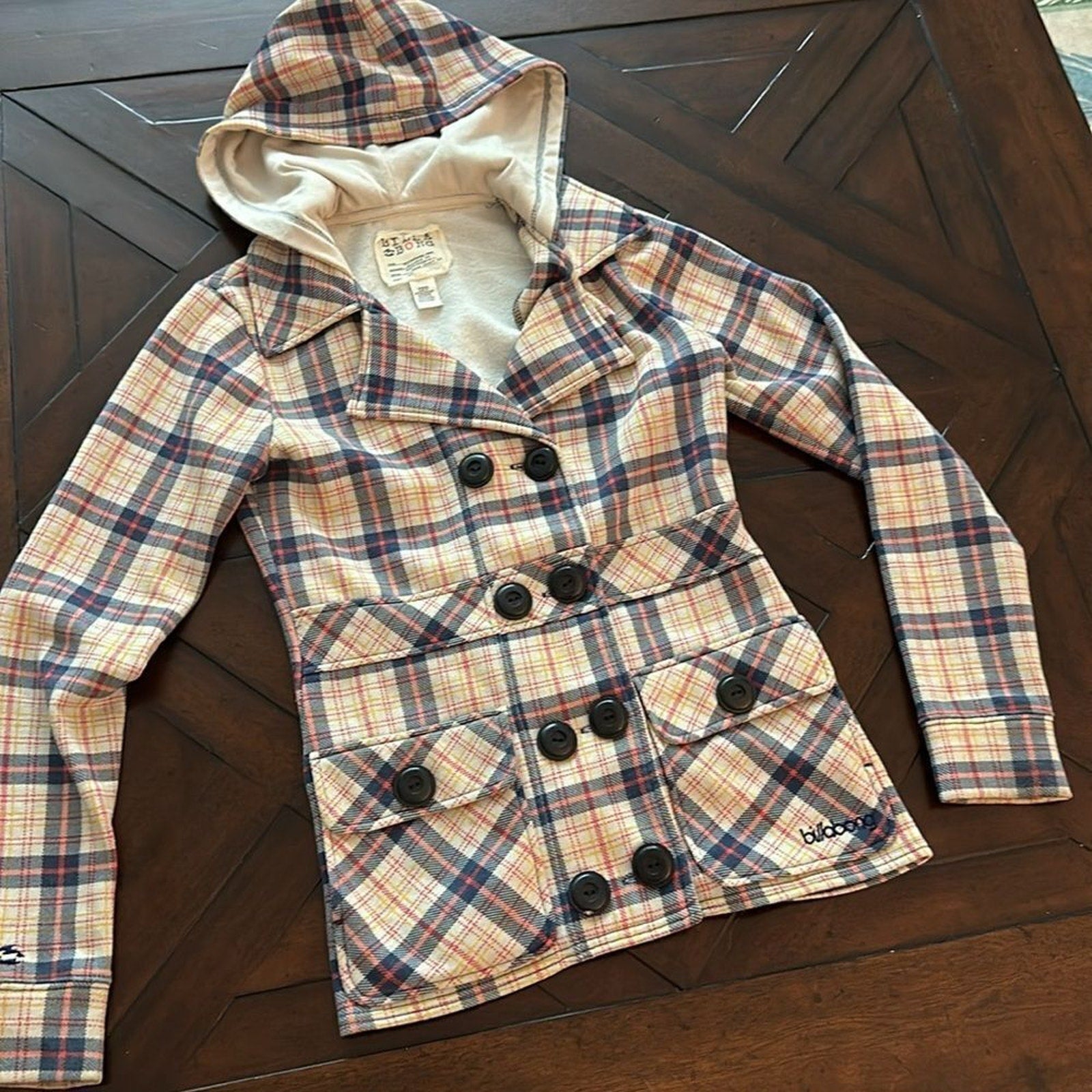 Billabong Jacket Hoodie Plaid Peacoat Cozy Double Button Y2K - small