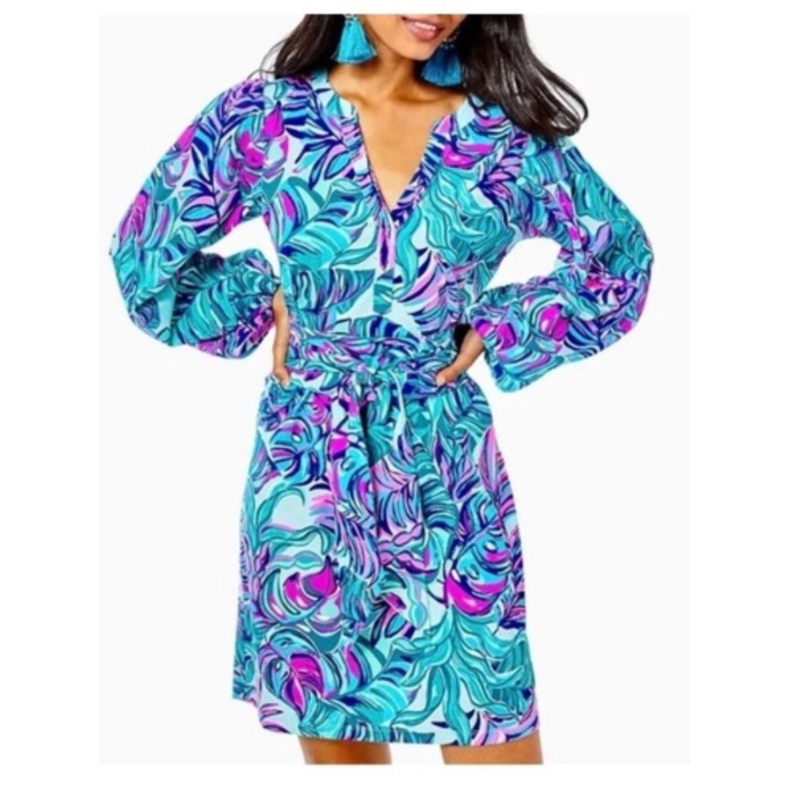 Lilly Pulitzer Bedelia Dress Seasalt Blue Don't Wanna Leaf Sash Dress - M