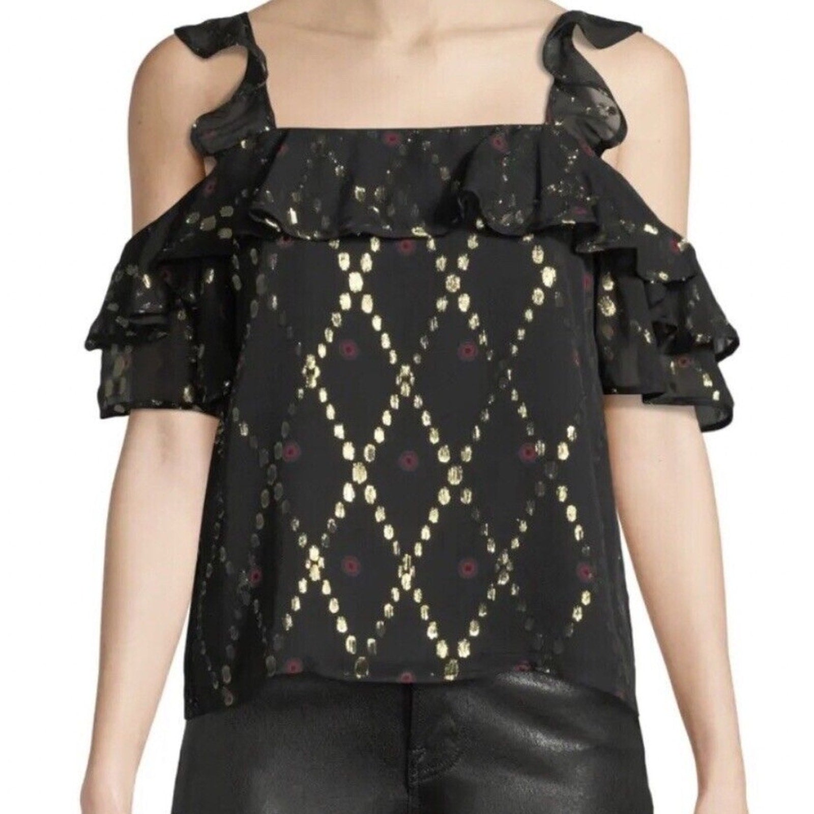 A.L.C Willow Silk Metallic Ruffle Cold Shoulder Blouse Size 6