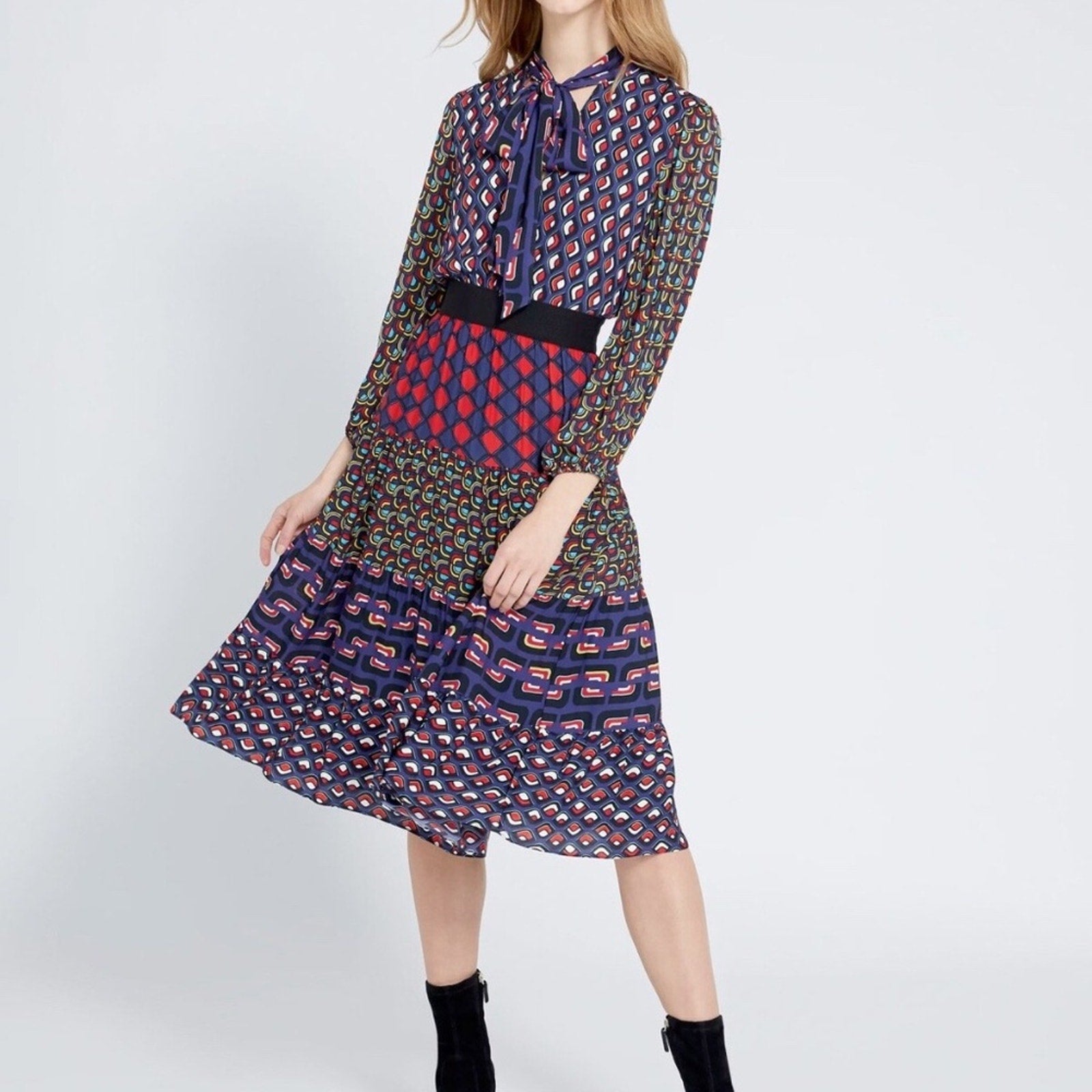 Alice + Olivia Karolina Paneled Blouson-Sleeve Midi Dress - size 2