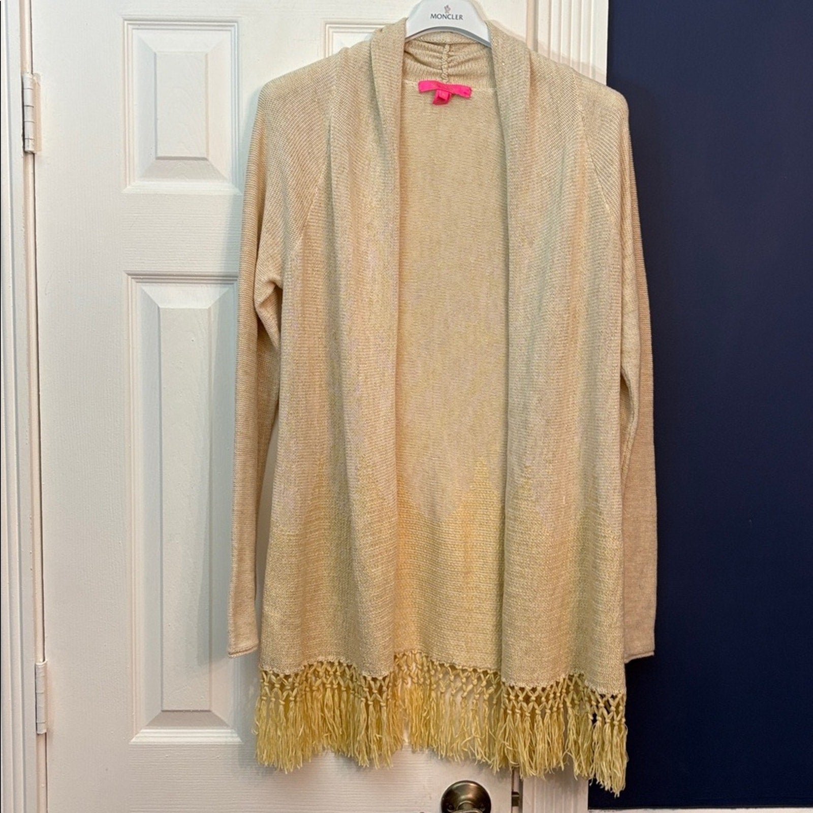 LILLY PULITZER TATUM LONG FRINGE HEM CARDIGAN LONG SLEEVE METALLIC GOLD - size M