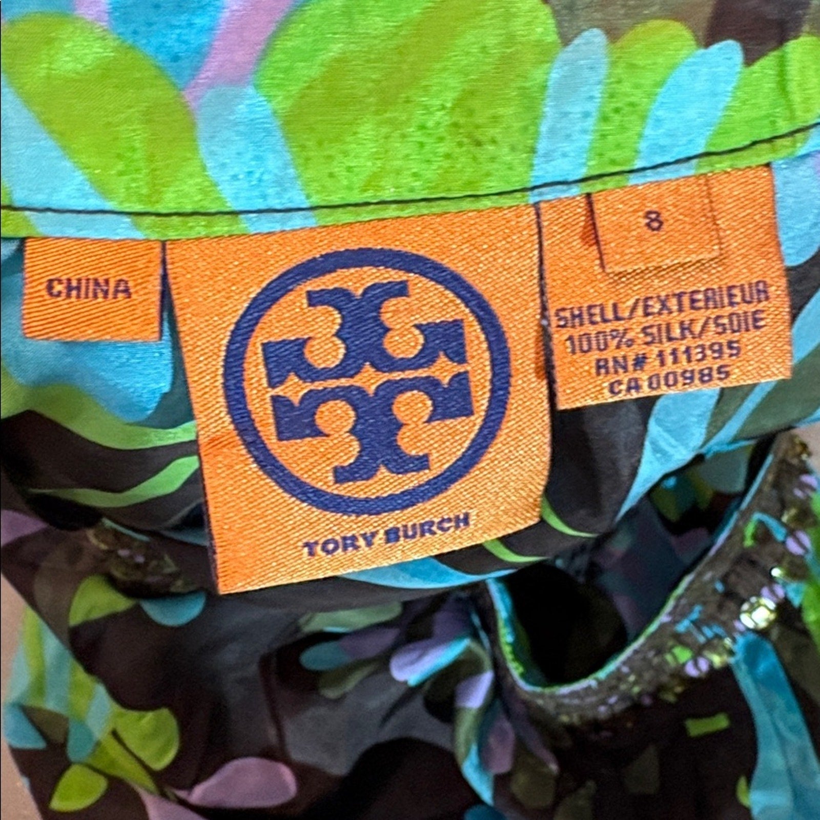 Tory Burch 100% Silk Tank Blouse Shirt Beaded Floral Tropical Green Blue -size 8