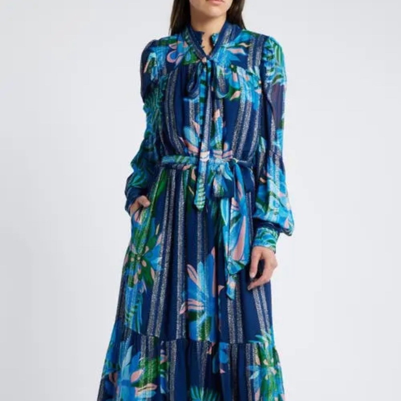 NWT CIEBON  Adele Metallic Long Sleeve Midi Dress - size M