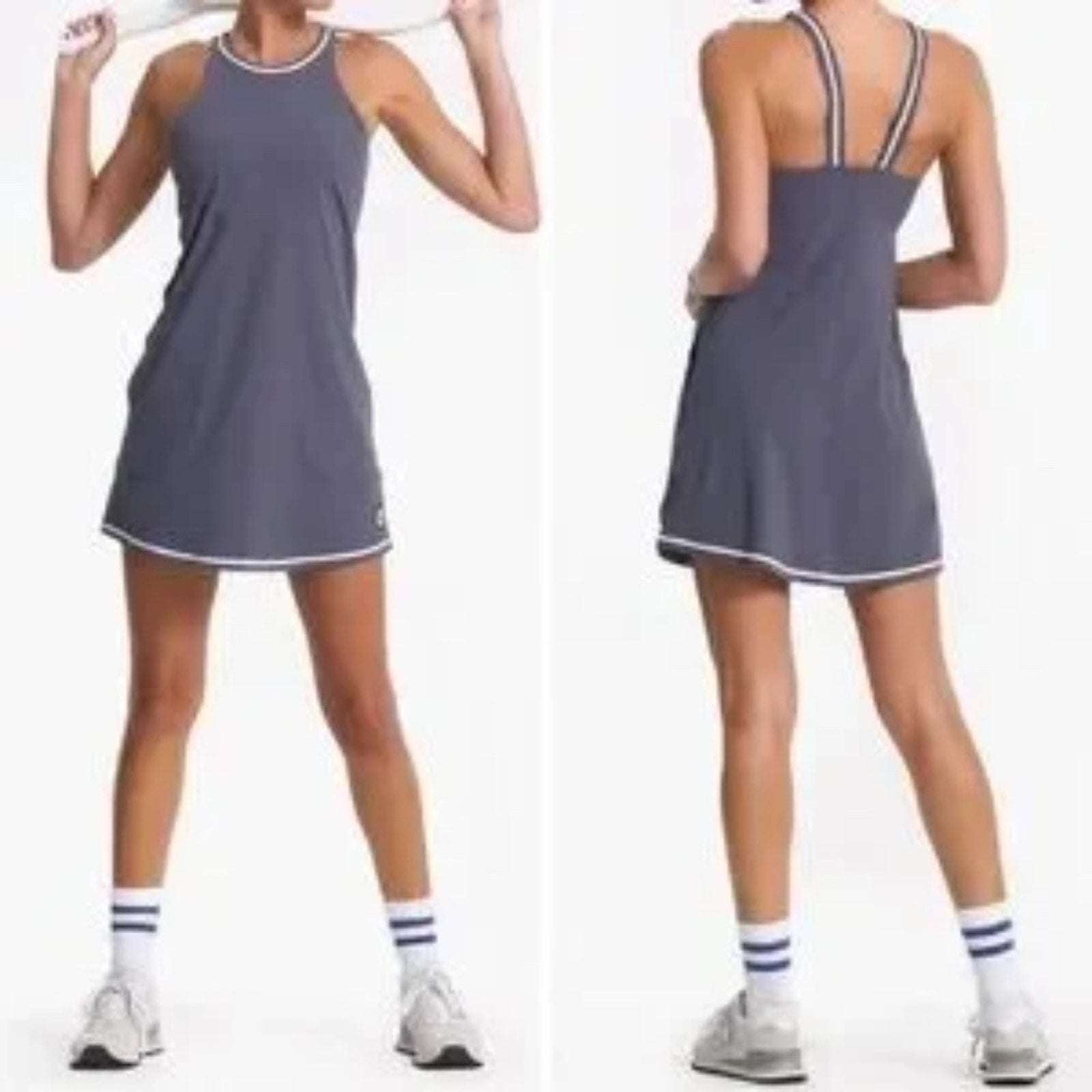 NEW Vuori Grey White Stripe Stretch Volley Athletic Mini Tennis Dress - size L