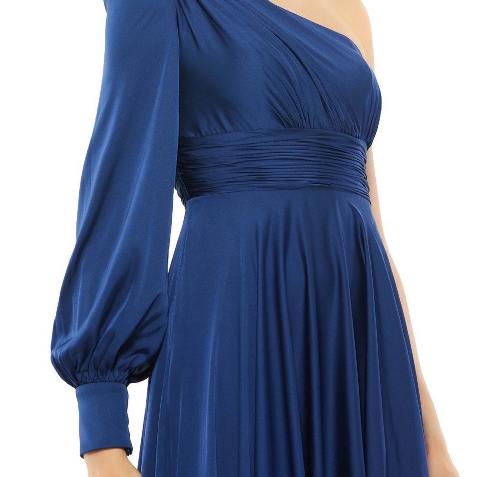 NWT Mac Duggal Midnight Blue One-Shoulder Long Sleeve Satin Gown 67866 - size 8